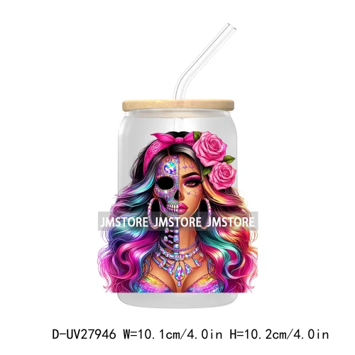 Rainbow Diamond Glamor Latina Skeleton UV DTF Transfer Stickers Decals For Libbey Cold Cups Mugs Tumbler Chicana Latina Woman