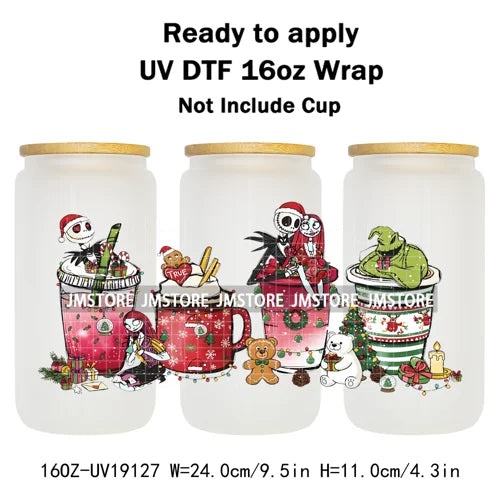 Horror Christmas Nightmare Character UV DTF Wrap Transfer Sticker Selfadhesive Waterproof High Quality For 16OZ Libbey Glass Can