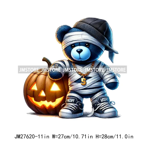 Hip Hop Halloween Pumpkin Mummy Bear Scary Vibes Printing Logos DTF Iron On Transfers Stickers Ready To Press For Sweatshirt