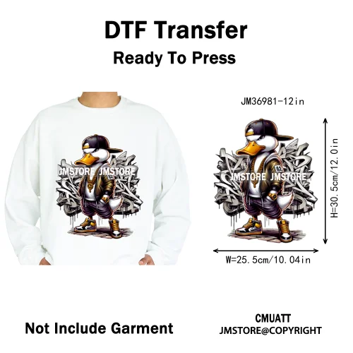 12in Cool Urban Trap Style King Animal Rich Ducks With Gold Chain Iron on DTF Heat Transfer Sticker Ready to Press for Clothing