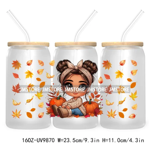 Mexican Latina Chibi Autumn Baby Girl UV DTF Sticker For 16OZ Libbey Glass Cup Can Wrap Transfer Stickers Custom Labels DIY Logo