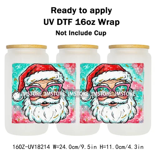 Preppy Brushstroke Christmas Santa Claus 16OZ UV DTF Cup Wraps Ready To Apply Waterproof Transfer Stickers For Libbey Glass Can