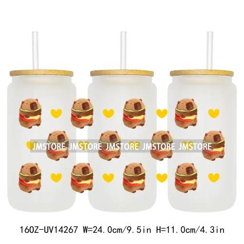 Cute Capybara Flower Heart UV DTF Wraps Transfer Sticker Selfadhesive Waterproof High Quality For 16OZ Libbey Glass Can Tumbler