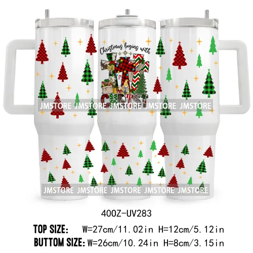 Tis The Season Christmas Tree Candy Cane UV DTF Tumbler Wrap Transfer Stickers Custom Label 40OZ Wraps Jesus Christian Christmas