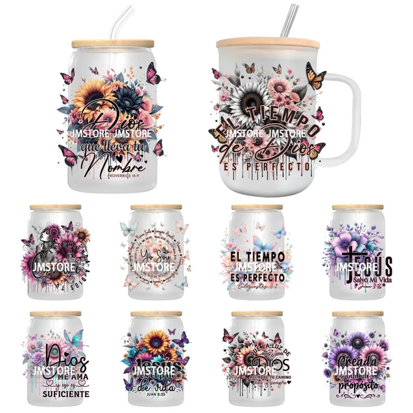 Floral Spanish Religious UV Sticker Decals For Libbey Cold Cups Mugs Tumbler Transfer Stickers Waterproof High Quality Labels