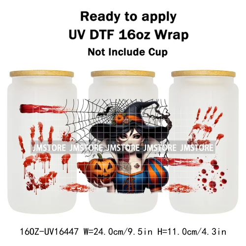 Halloween Witch Princess Bat Pumpkin UV DTF Wraps Transfer Stickers Waterproof High Quality For 16OZ Libbey Glass Can Tumbler