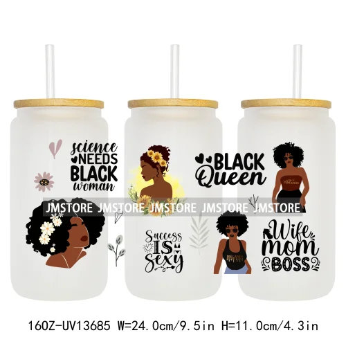 Lady Girl Power Black Woman Affirmations UV DTF Wraps Transfer Sticker Waterproof High Quality For 16OZ Libbey Glass Can Tumbler