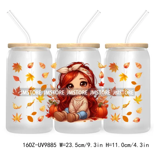 Mexican Latina Chibi Autumn Baby Girl UV DTF Sticker For 16OZ Libbey Glass Cup Can Wrap Transfer Stickers Custom Labels DIY Logo