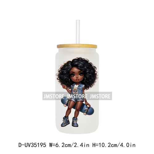 Fashion Black Chibi Denim Girl UV DTF Transfer Stickers Decals Ready To Apply Waterproof For 16OZ Libbey Glass Can Cup Tumbler