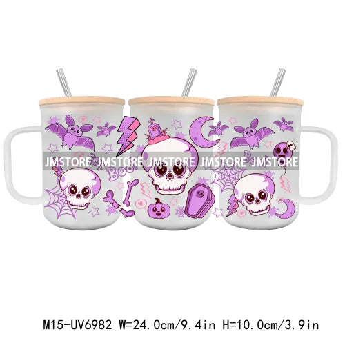 Horror Halloween Cartoon Scary Movie UV DTF Glass Can Wrap For 15OZ Mug Coffee Cup Transfer Sticker DIY Custom Logo Labels Skull