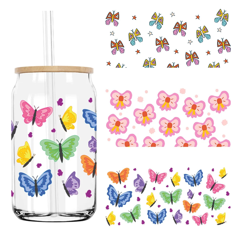 Watercolor Butterflies And Flowers UV DTF Sticker For 16OZ Libbey Glass Cup Can Wrap Transfer Sticker Custom Labels DIY Logo