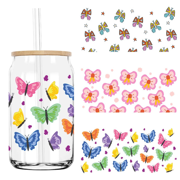 Watercolor Butterflies And Flowers UV DTF Sticker For 16OZ Libbey Glass Cup Can Wrap Transfer Sticker Custom Labels DIY Logo