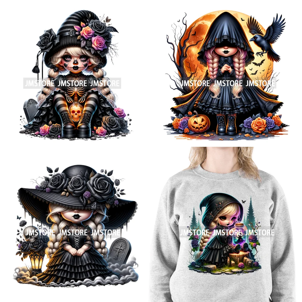 Gothic Girl Gnomes Halloween Witch Dolls Black Flowers Horror Vibes Iron On DTF Transfers Stickers Ready To Press For Clothing