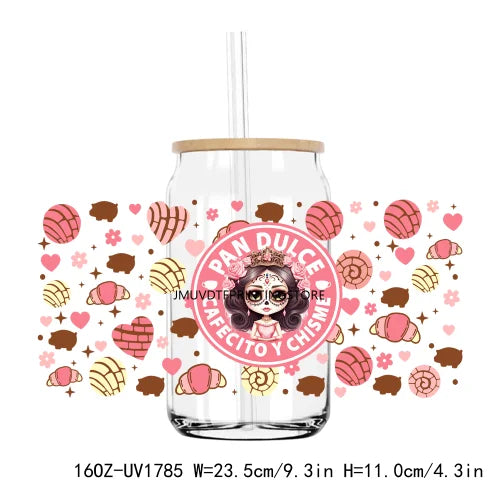 Cute Latina Cafecito Girl 16OZ UV DTF Cup Wrap Transfers Stickers Custom Labels DIY Durable Waterproof Logo For Libbey Glass Can