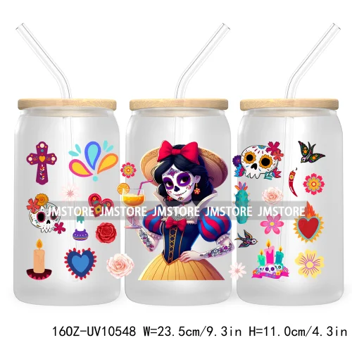 Dia De Los Muertos Mexican UV DTF Sticker For 16OZ Libbey Glass Cup Can Wrap Transfer Stickers Hispanic Halloween Sugar Skulls