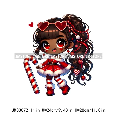 Chibi Candy Santa Girl African American Characters Merry Christmas Gift Iron On DTF Transfer Stickers Ready To Press For Clothes