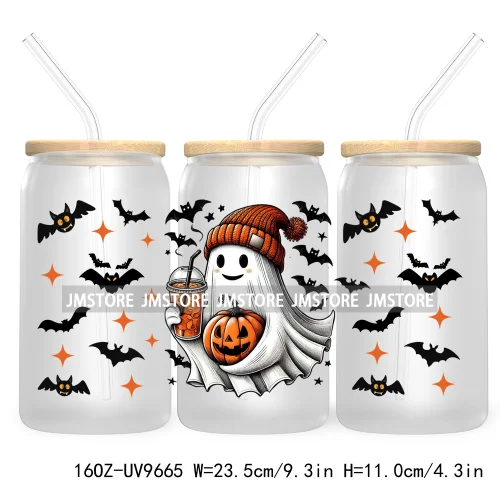 Spooky Ghost Fall Halloween Pumpkin Season UV DTF Sticker For 16OZ Libbey Glass Cup Can Autumn Leaves Wrap Transfer Stickers