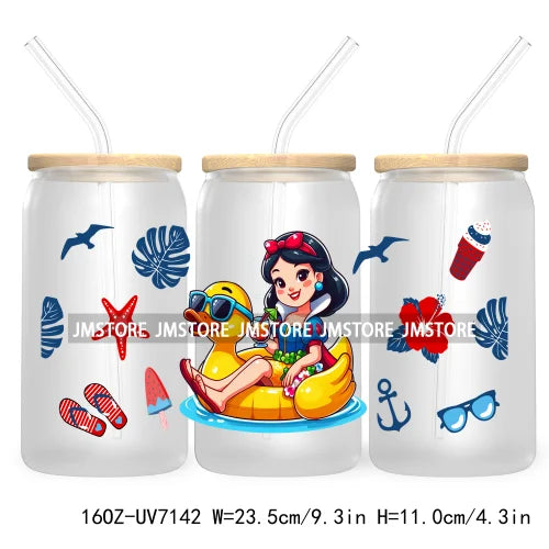 Cartoon Princess's Summer Vacation 16OZ UV DTF Cup Wrap Transfers Stickers For Libbey Glass Can Cups Tumbler Waterproof Craft