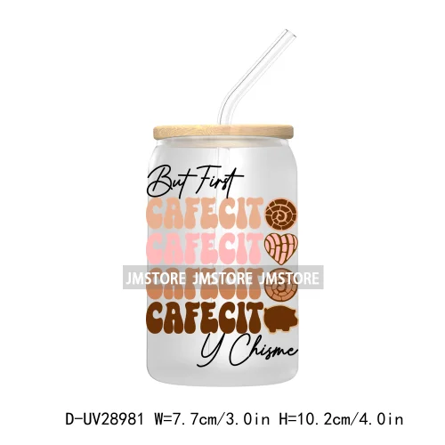 But First Cafecito Y Chisme UV DTF Transfer Stickers Decals For Libbey Cold Cups Mugs Tumbler Coquette Bow Sweet Like Pan Dulce