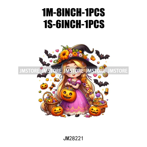 Washable Chibi Spooky Princess Pumpkin Halloween Trick Or Treat Witch Iron On DTF Transfers Stickers Ready To Press For Hoodies