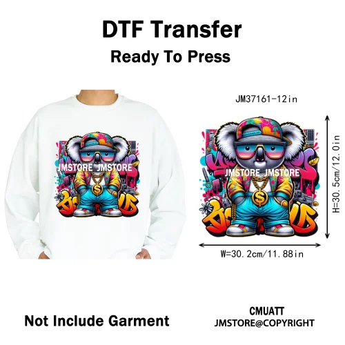 12in Colorful Gangster Urban Hip Hop Music Panda Dog Animal Lover Iron on DTF Heat Transfer Stickers Ready to Press for Clothing