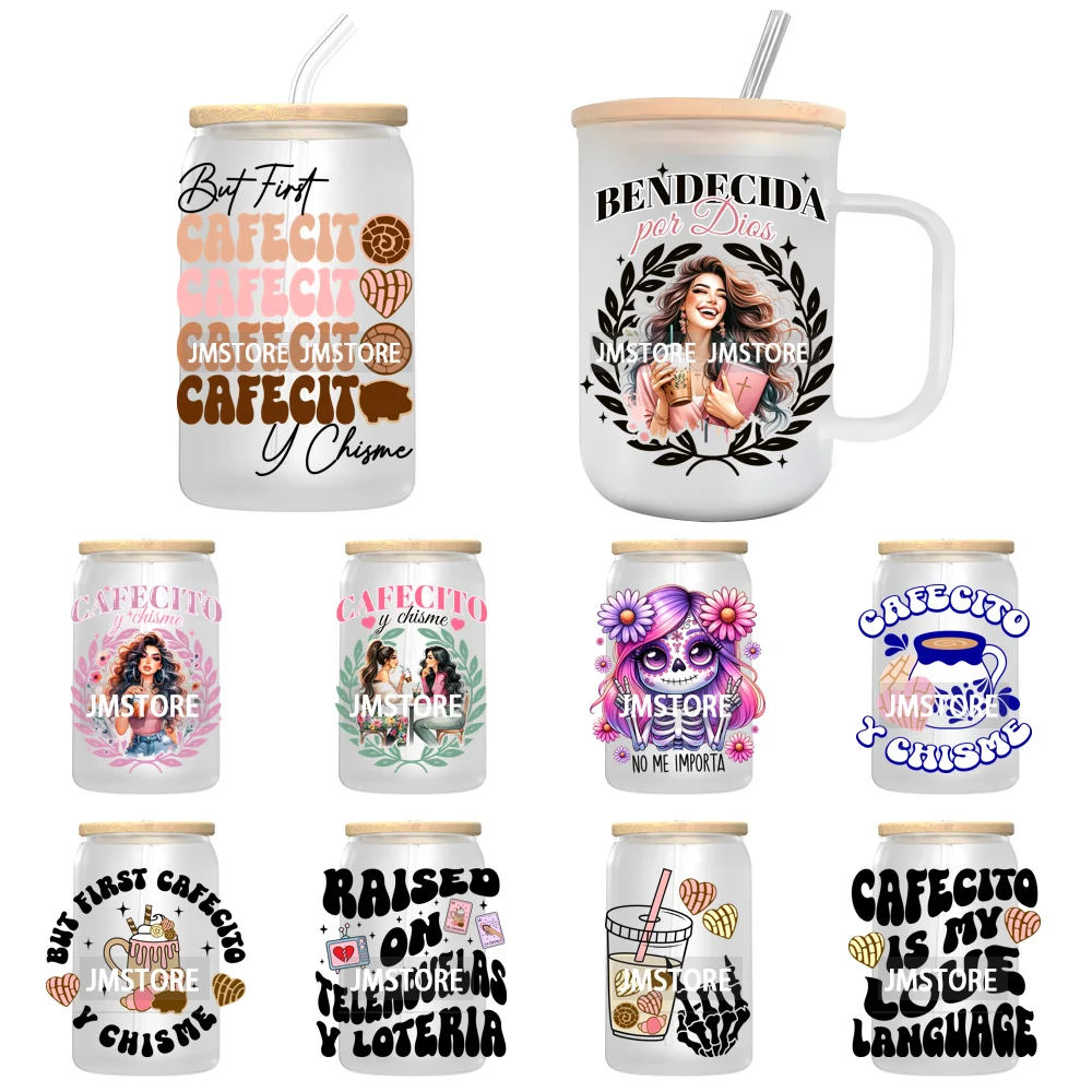 But First Cafecito Y Chisme UV DTF Transfer Stickers Decals For Libbey Cold Cups Mugs Tumbler Coquette Bow Sweet Like Pan Dulce