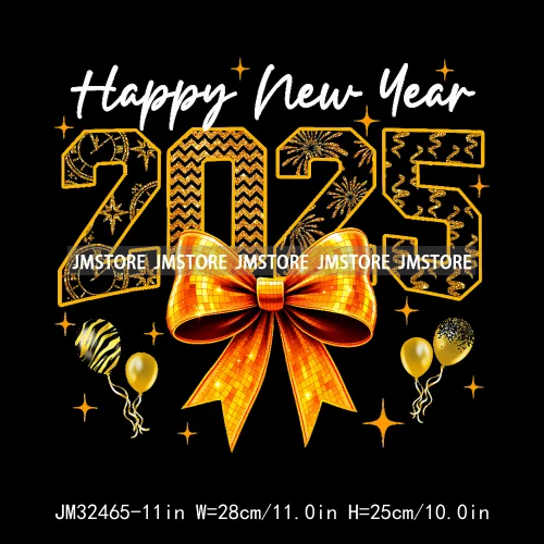 Colorful Faux Glitter Happy New Year Disco Ball Social Club Coquette Bow Iron On DTF Transfer Sticker Ready To Press For Clothes