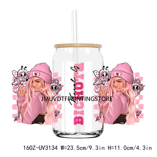 Pink Valentines Bichota Cupid Vibes 16OZ UV DTF Cup Wrap Transfers Stickers Custom DIY Waterproof Logo For Libbey Glass Can XOXO