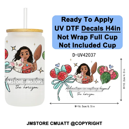 Cartoon Mouse Head Princess Family Vacation UV DTF Decals Ready To Apply Waterproof Transfer Stickers For 16OZ Libbey Glass Can