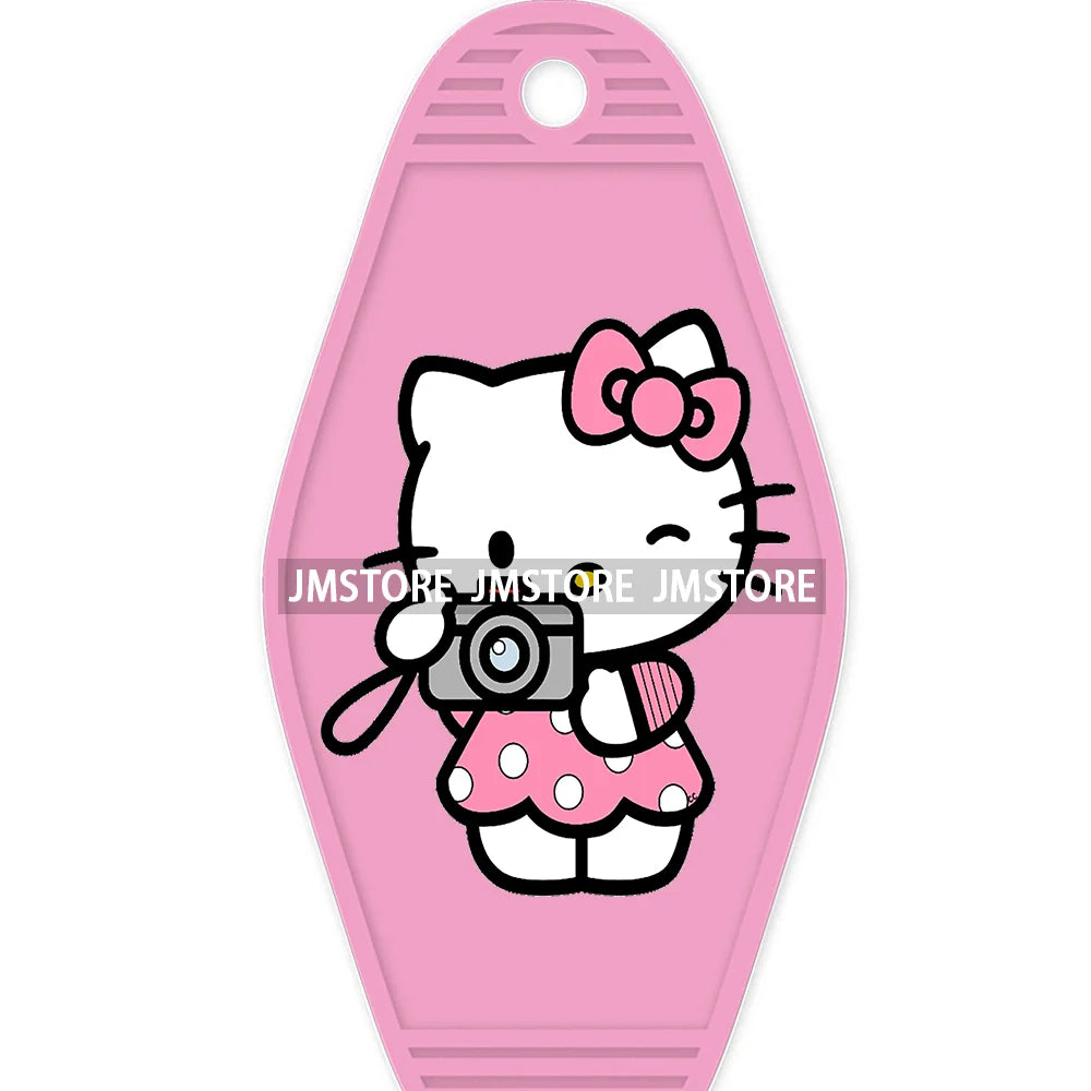 Cute Cartoon Pink Hello Cat With Bow Flower High Quality WaterProof UV DTF Sticker For Motel Hotel Keychain Labels DIY Logo