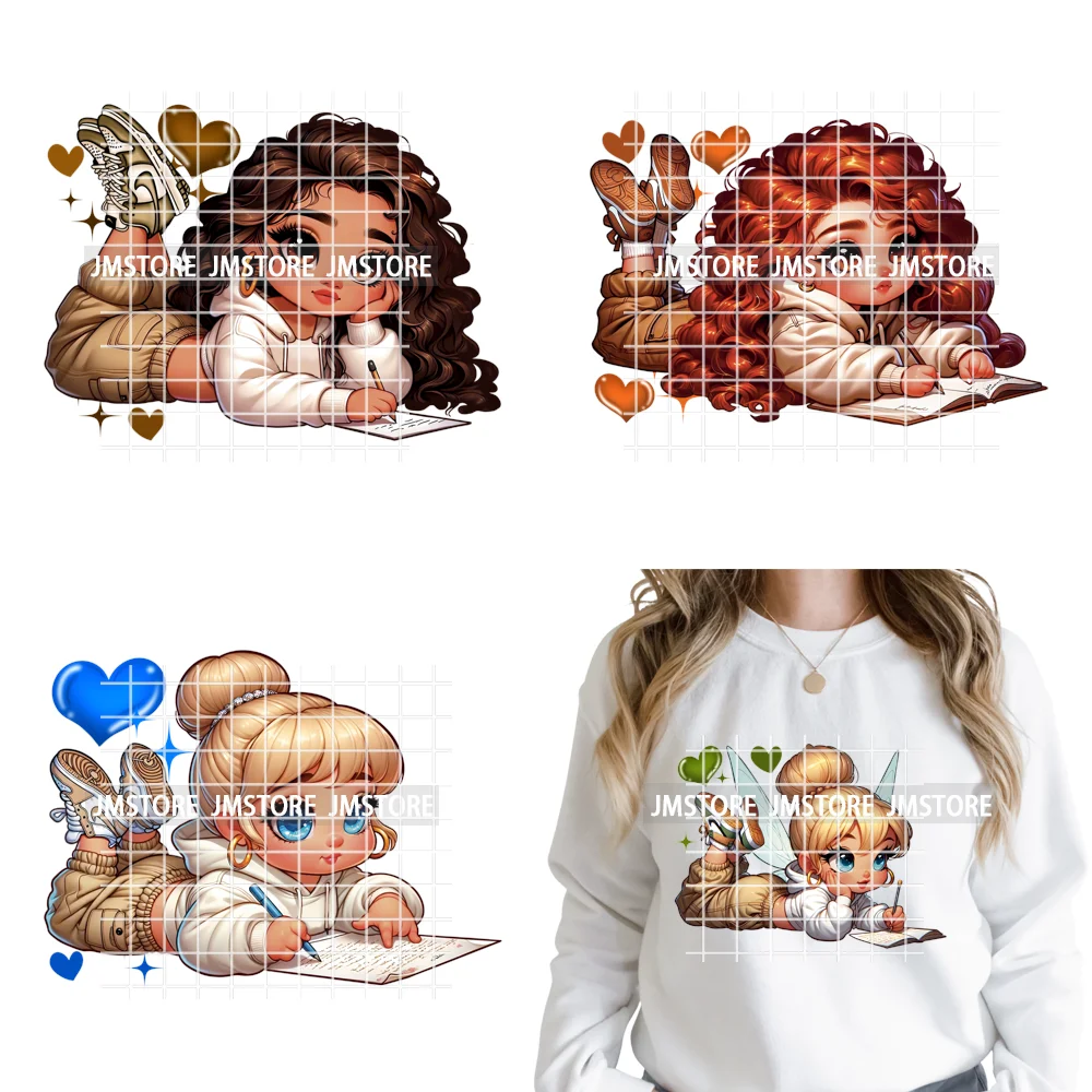 Fashion School Princess Cartoon Girls Learning Love Designs Iron on DTF Thermal Transfers Stickers Ready to Press for Clothing
