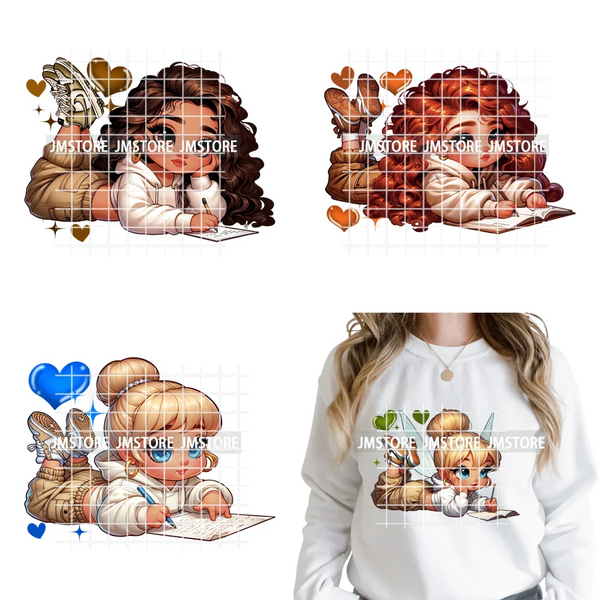 Fashion School Princess Cartoon Girls Learning Love Designs Iron on DTF Thermal Transfers Stickers Ready to Press for Clothing