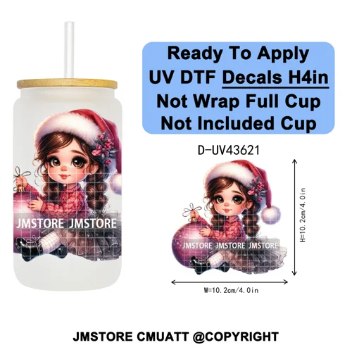 Chibi Cute Mexican Christmas Baby Girl UV DTF Decals Ready To Apply Waterproof Transfer Stickers For 16OZ Libbey Glass Can Mugs