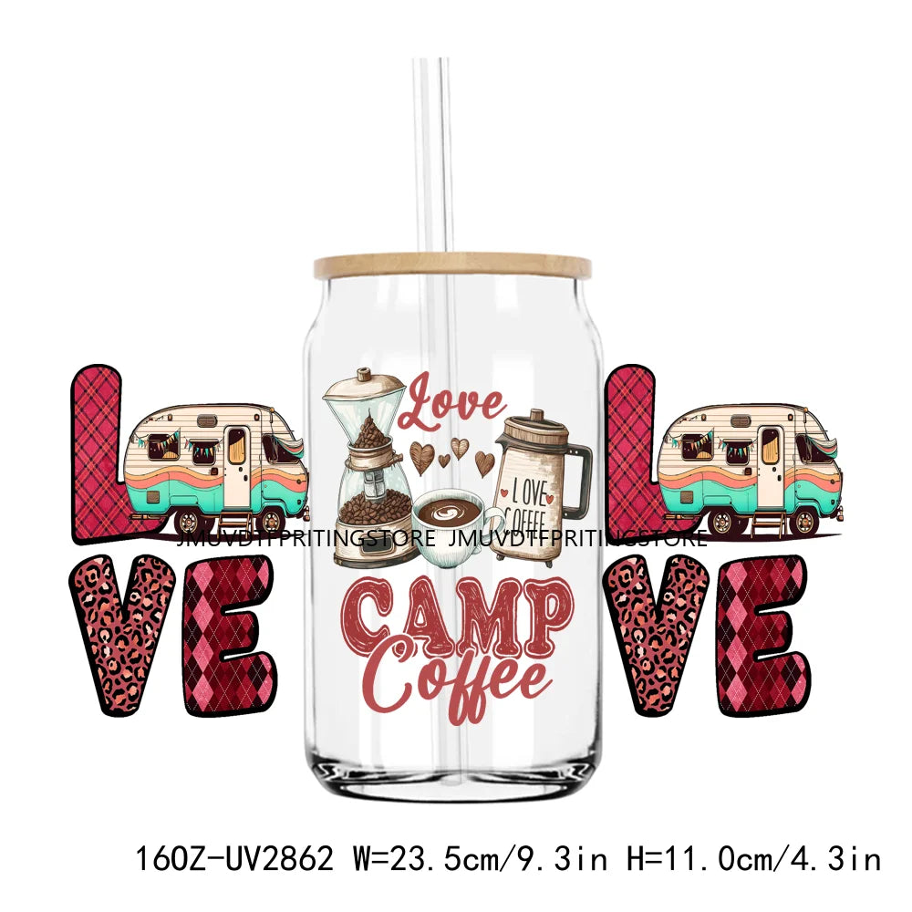 Camping Is My Valentine UV DTF Sticker For 16OZ Libbey Glass Cup Can Wrap Transfer Sticker Custom DIY Logo Love Camp Coffee