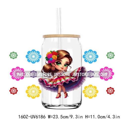 Cartoon Princess Cinco De Mayo Mexican UV DTF Sticker For 16OZ Libbey Glass Cup Can Wrap Transfer Stickers Custom Label DIY Logo