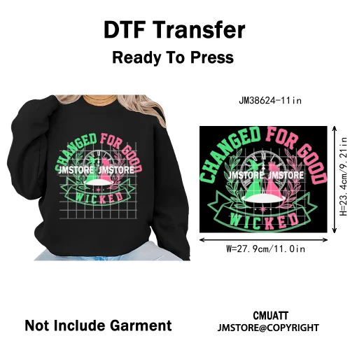 Witch Changed For Good Faux Glitter Pink and Green Movie Iron on DTF Washable Transfers Stickers Ready to Press for Clothes Bags