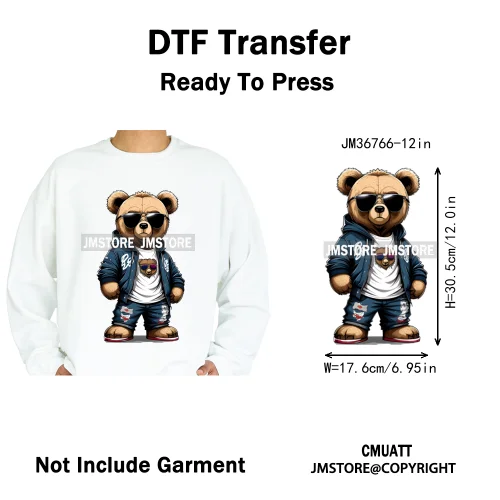 12in Cool Retro Urban Streetwear Graffiti Hip Hop Teddy Bear Iron On DTF Washable Transfers Stickers Ready to Press For Clothing