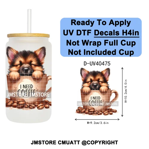 Puppy Coffee Dog Cartoon Pet Lover UV DTF Decals Ready To Apply Waterproof Transfer Stickers For 16OZ Libbey Glass Can Tumbler