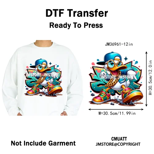 12in Cool Urban Trap Style King Animal Rich Ducks With Gold Chain Iron on DTF Heat Transfer Sticker Ready to Press for Clothing