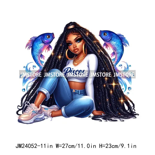 Hip Hop Afro Girl Zodiac Horoscope Signs Astrology Mystical Black Women Iron On DTF Heat Press Transfer Stickers For Clothing