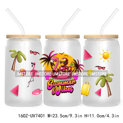 Summer Vibes 16OZ UV DTF Cup Wrap Transfers Stickers For Libbey Glass Can Cups Tumbler Waterproof Labels Cartoon Beach Vacation