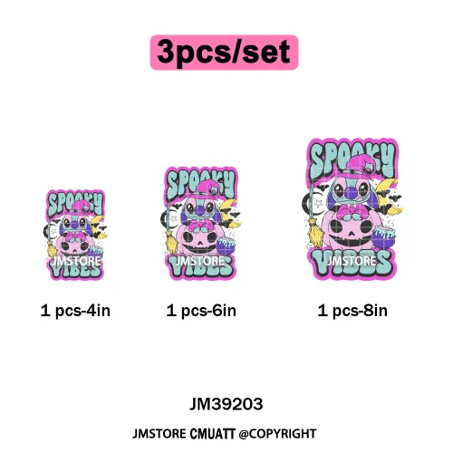 Funny Halloween Spooky Vibes Cartoon Characters Pumpkin Iron on DTF Washable Transfers Stickers Ready to Press for T-shirts Bags