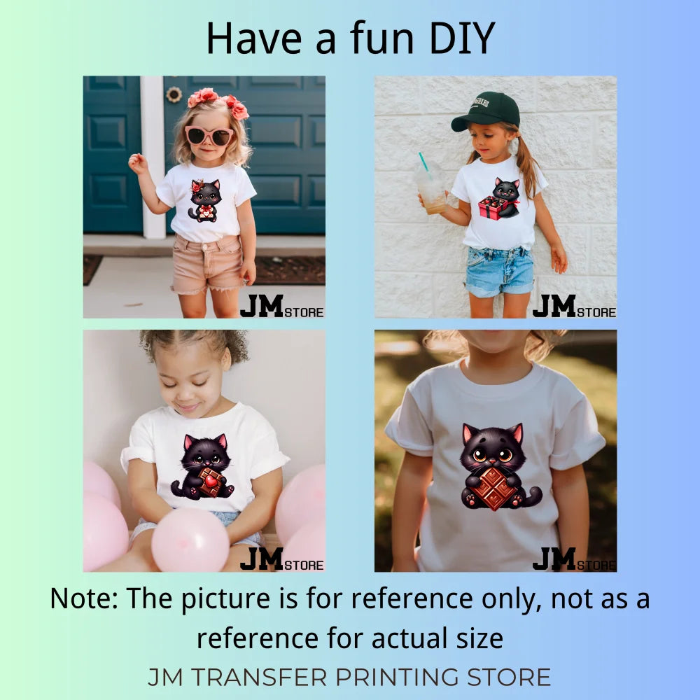 15cm 5.9in Kids Cute Flower Heart Love Valentine Black Cat Iron On Heat Transfer Sticker For Clothes Print Vinyl Washable Decal