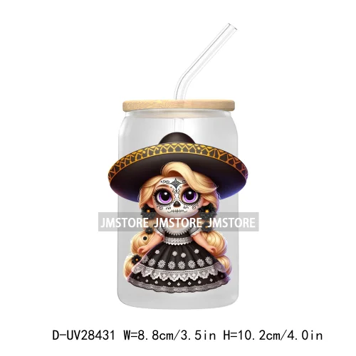 Cute Latina Cartoon Princess Baby Girl UV DTF Transfer Stickers Decals For Libbey Cold Cups Mug Tumbler Labels Sugar Skull Woman