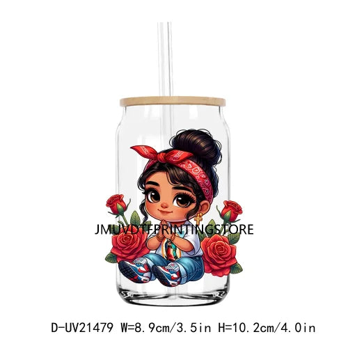 Chibi Cute Chicana Doll With Rose UV DTF Transfers Stickers Decals For Libbey Cold Cups Mugs Tumbler Mexico Waterproof DIY Logo