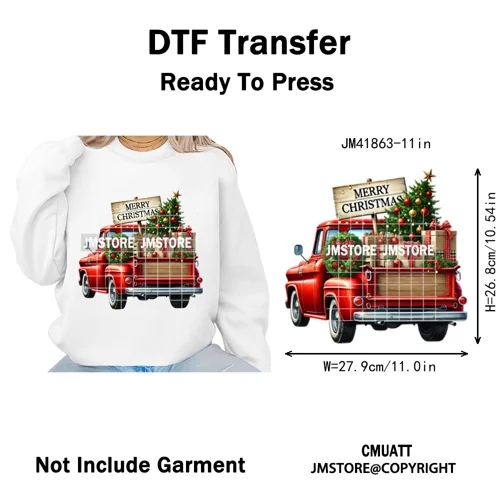 Christmas Pickup Truck Car Winter Tree Snowy Holiday Decoration Iron on DTF Heat Transfers Stickers Ready to Press for Clothing