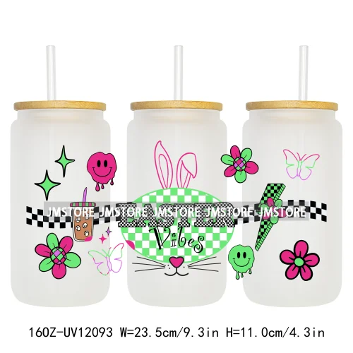 Retro Easter Bunny Rabbit Eggs Flowers 16OZ UV Cup Wrap DTF Transfer Stickers For Libbey Glass Can Cup Tumbler Waterproof Labels