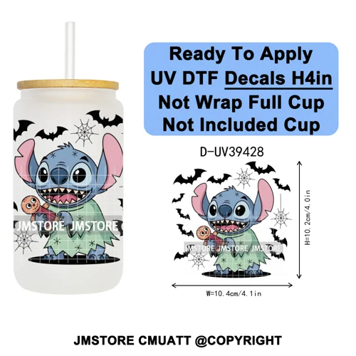 Witch Cartoon Horror Halloween Mummy UV DTF Transfer Stickers Decals Ready To Apply Waterproof For 16OZ Libbey Glass Can Tumbler