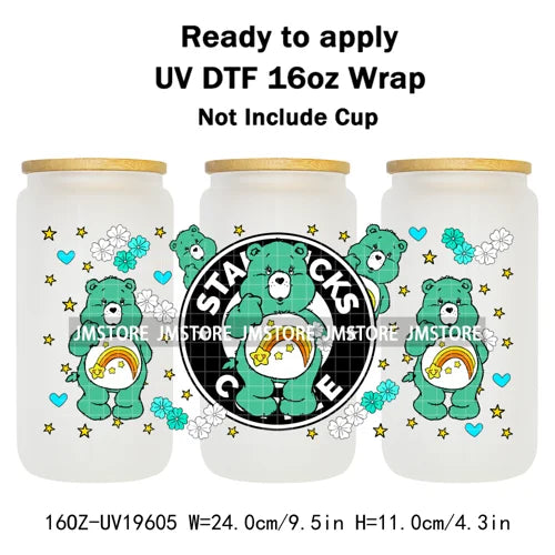 Cheerful Floral Hearts Cartoon Bears Clipart UV DTF Transfer Stickers Cup Tumbler Wrap For 16OZ Libbey Glass Bottle Cup Wraps