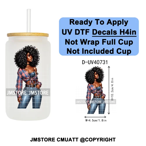 Big Hair Fashionable Black Girl UV DTF Decals Ready To Apply Waterproof Transfer Stickers DIY Crafts For 16OZ Libbey Glass Can